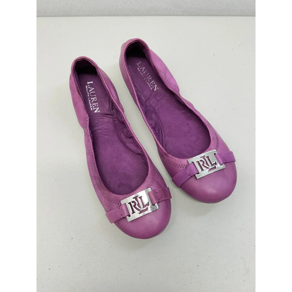 Ralph Lauren Purple Genuine Leather Ballet Flats Silver Buckle Size 9.5 B